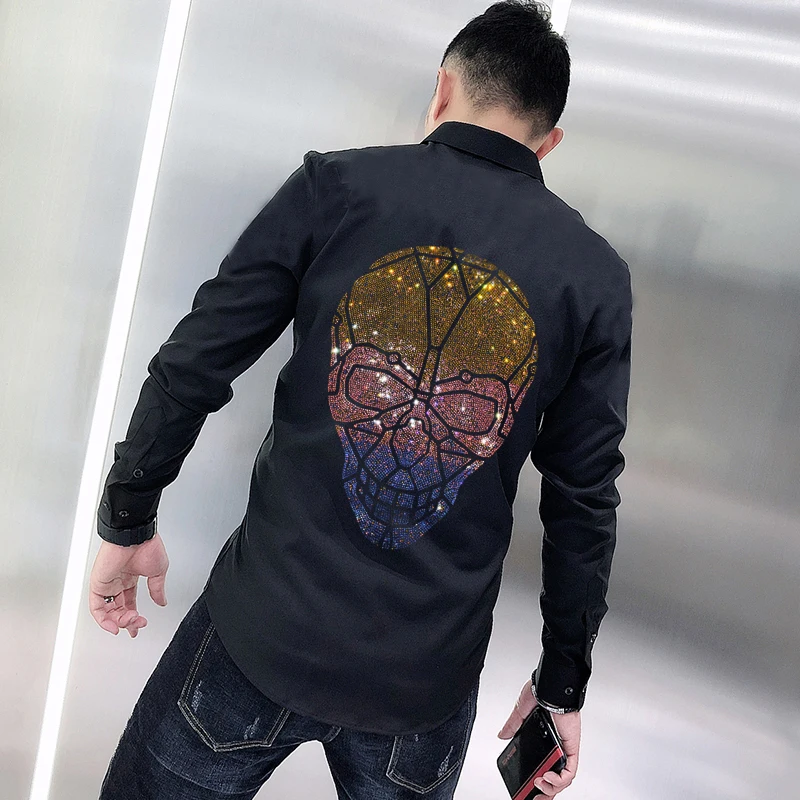 

Customized Rhinestone Street Slim Tops Men's T-Shirt Button Business Formal Lapel Long Sleeve Hot Drill Skull