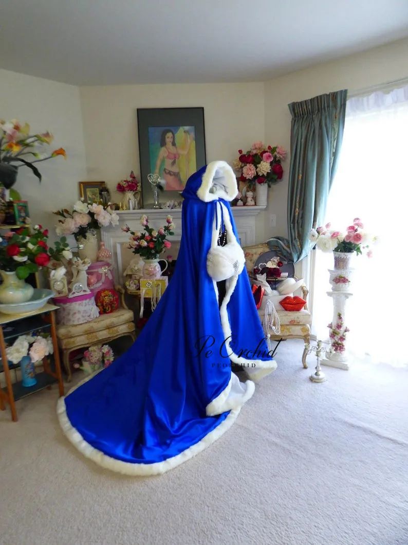 Cape de mariage en Satin bleu Royal, avec traîne, à capuche, en fausse fourrure, pour femme, pour séance Photo, hiver