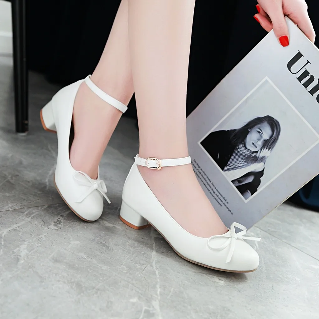 Sweet Bowtie Women Pumps Low Square Block Heels Round Toe White Pink Casual Wedding Dress Office Ladies Ankle Strap Lolita Shoes