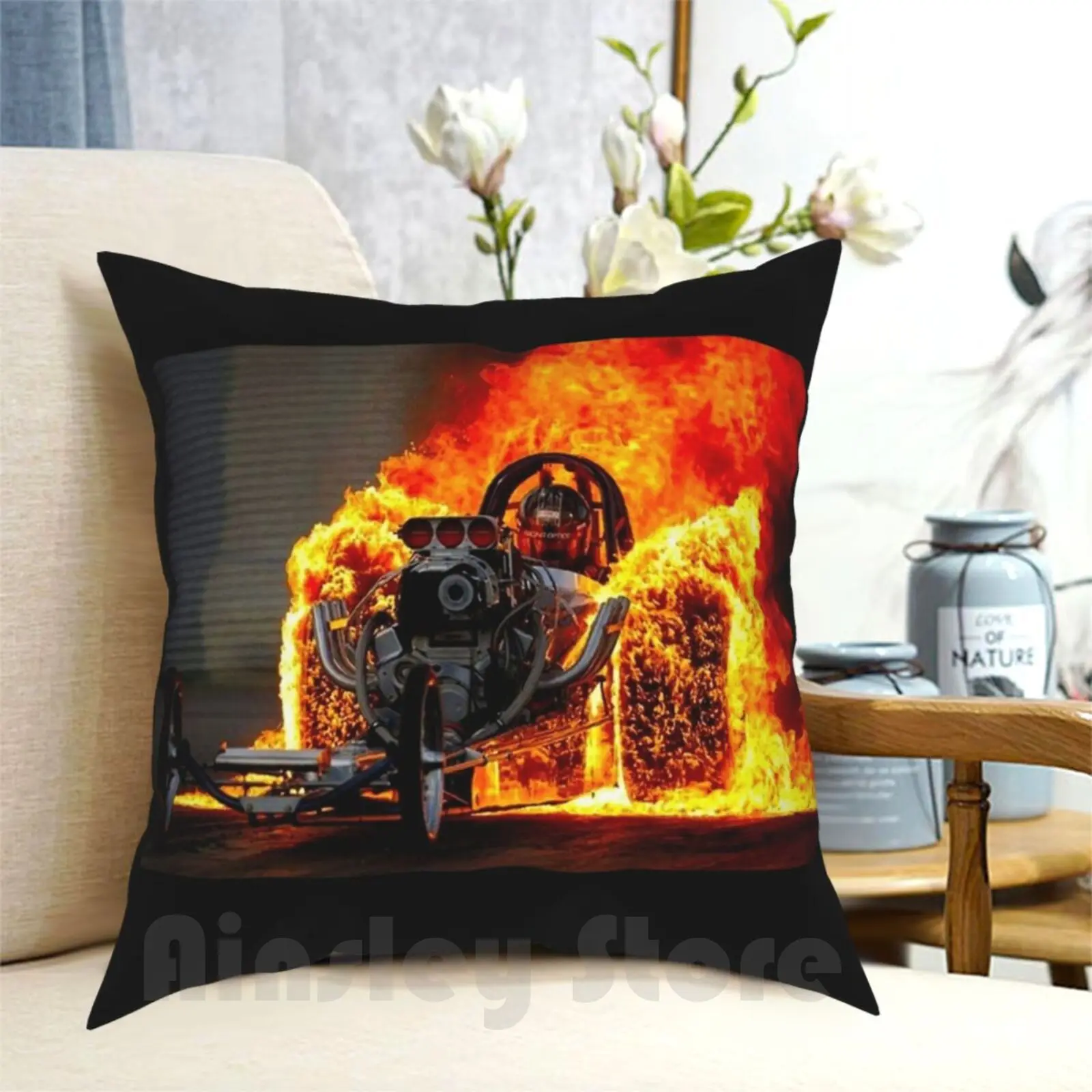 

Drag Race ; Vintage Automobile Burn-Out Print Pillow Case Printed Home Soft Throw Pillow Drag Race Burn Out Fire Wheels