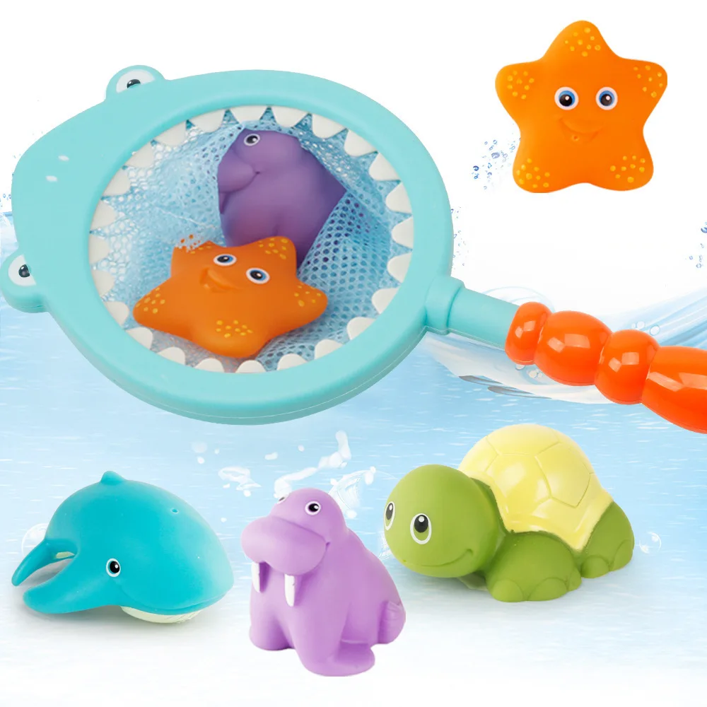 7PCS Baby Bath Toys Network Bag Pick up Duck&Fish Discolor Starfish Children Water Toys Soft Rubber Animal Water Spray Bath toys