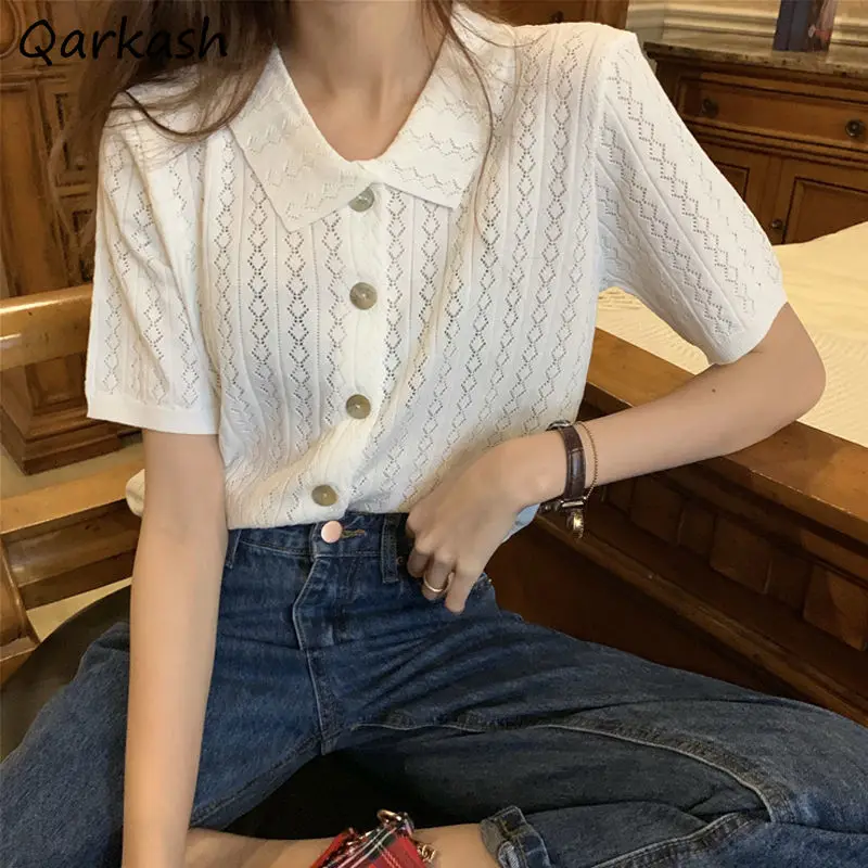 T-shirts Women Summer Turn-down Collar Elegant Chic Fashion Loose Button Short Sleeve All Match Solid Simple Tender Mujer Female