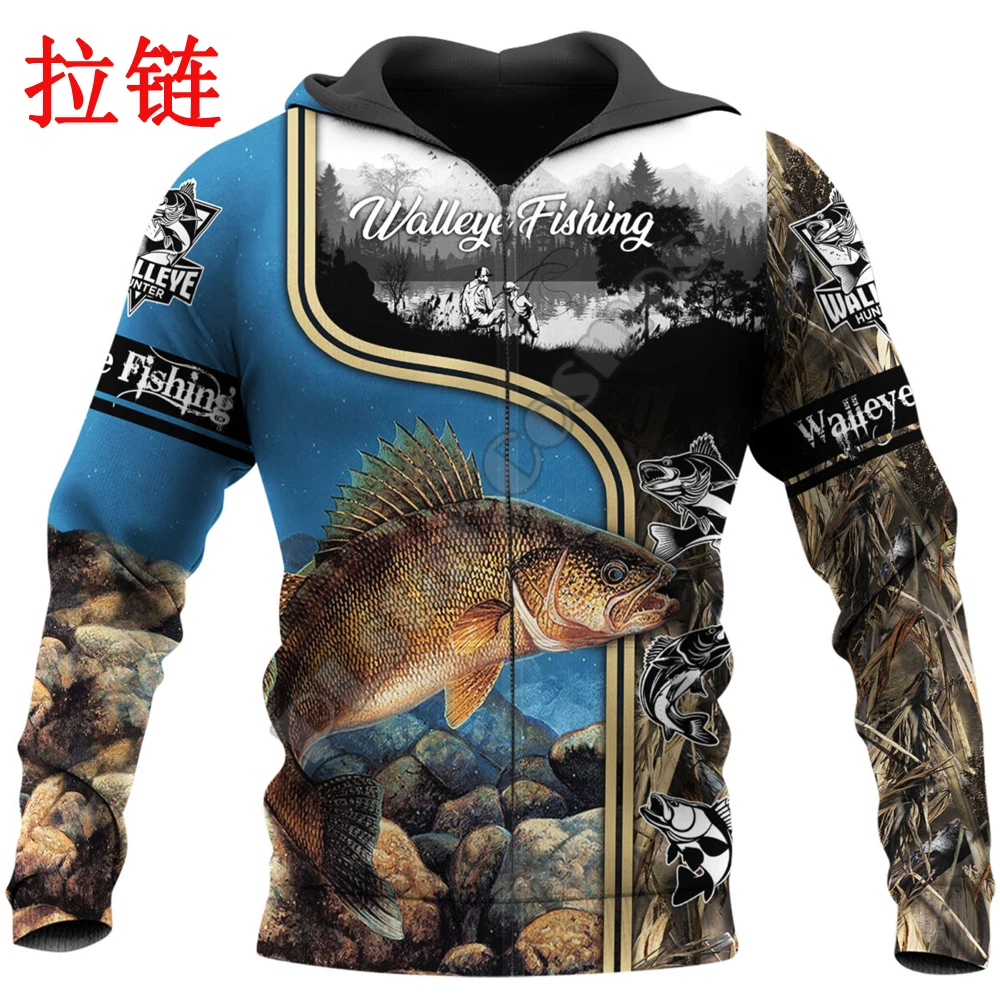 Walleye pesca com o pai 3d todo impresso outono dos homens moletom com capuz unisex streetwear casual zip jaqueta pulôver kj565