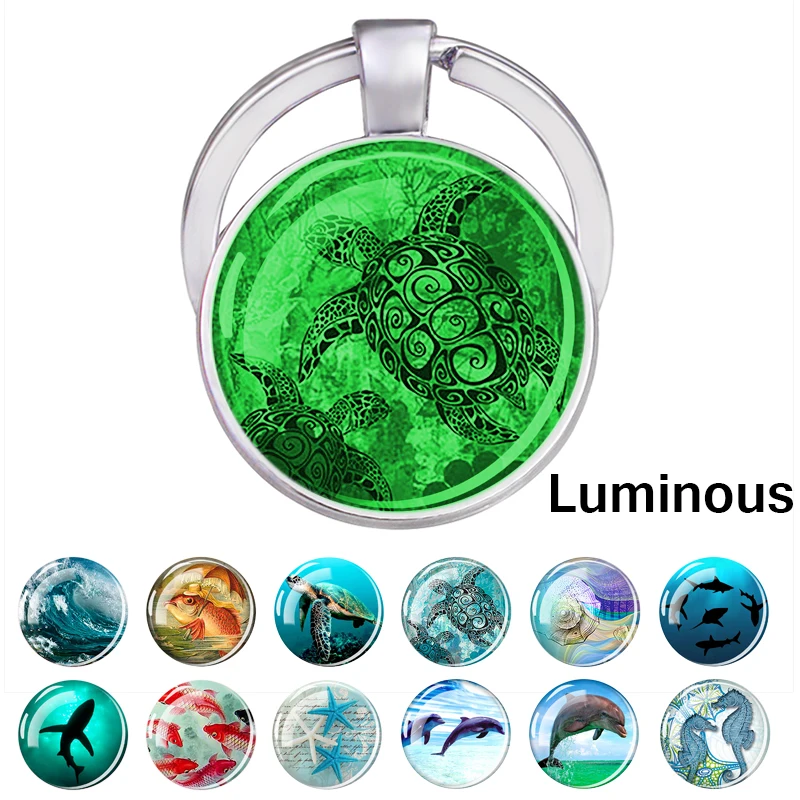 Luminous Sea Turtle Dolphin Seashells Double Sided Keychain Marine Life Glow In The Dark Jewelry Gift Car Keyring Accessories