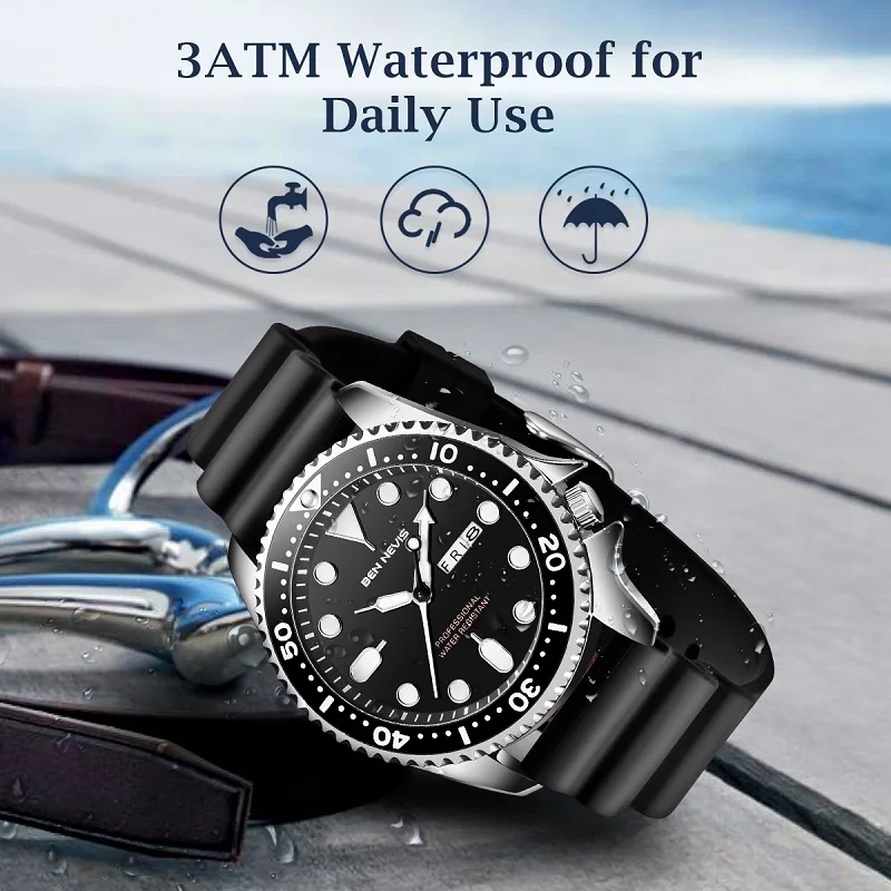 BEN NEVIS Drehbare Fall Uhr Männer Luminous Hände Military Wasserdichte Armbanduhr Datum Woche Rubber Strap Uhr Männer Handgelenk BN3017G