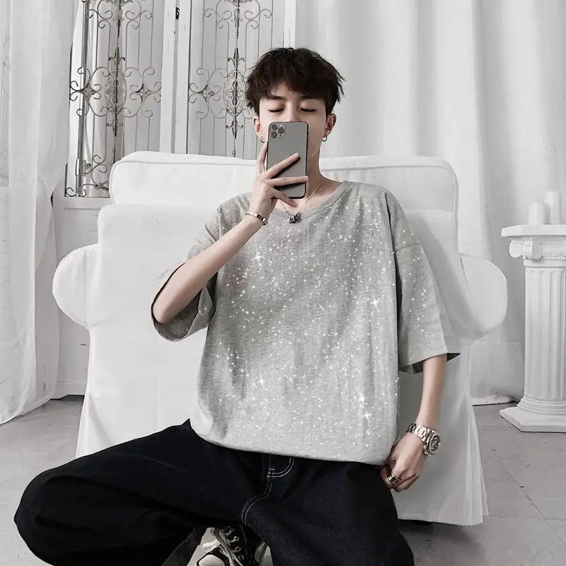 Fashion Mens Summer Stars Sequins T-shirts Short Sleeve Loose Fit 100% Cotton Harajuku Teens For Male