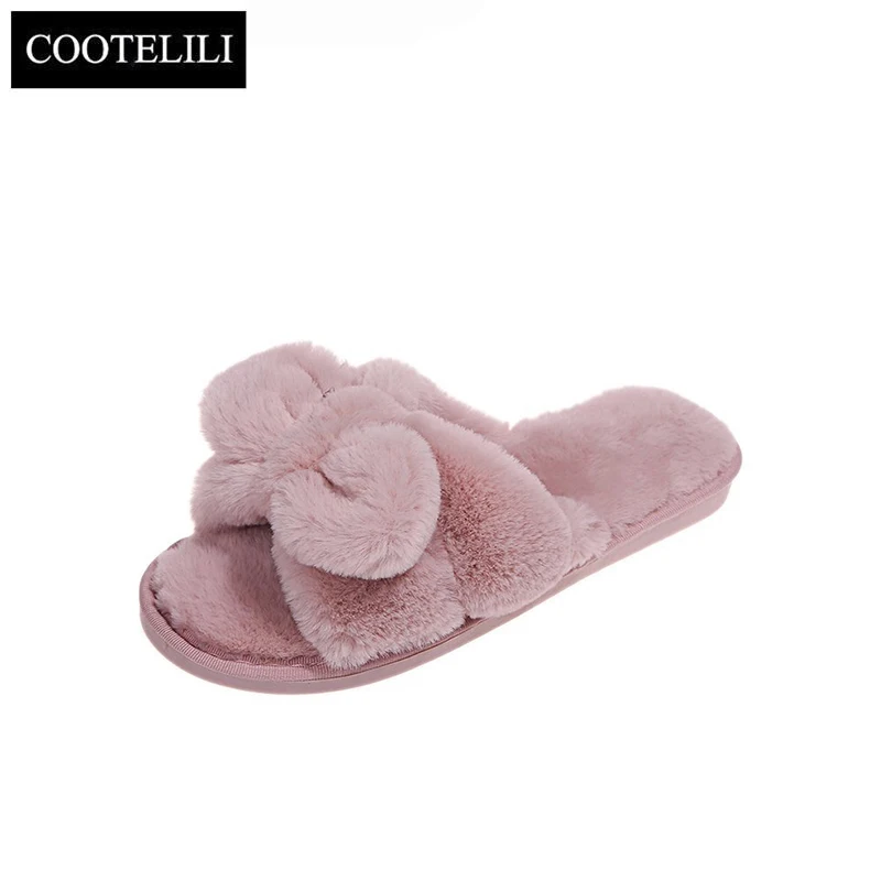 COOTELILI Women Home Slippers With Faux Fur Flat Shoes Winter Shoes Keep Warm Shoes For Woman Flats Bow Basic Slipper 36-41