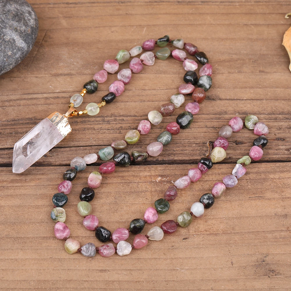 Natural White Quartz Tusk Point Pendant Rainbow Tourmaline Stone Beads Handmade Knot Mala Necklace Long 32 Inch N0288AMEI