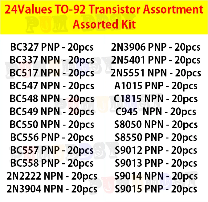 24 قيمة TO-92 مجموعة متنوعة من الترانزستور كل BC327 BC337 BC517 BC547 BC548 BC549 2N2222 3906 3904 5401 5551 C945 1015 #3