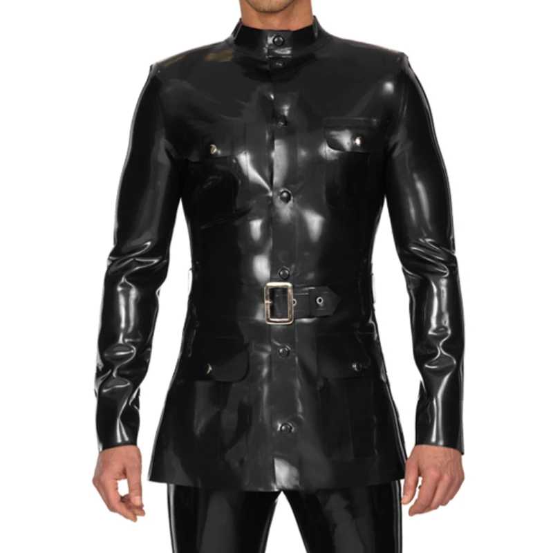 

Black Sexy Latex Military Jackets With Belts Pockets Rubber Trench Coats Top Robe Overcoat Topcoat YF-0282