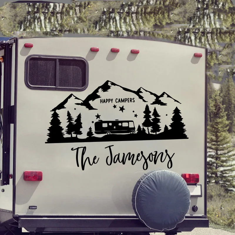 

Custom Name Camping Rv Mountain Travel Wall Sticker Personalized Name Happy Campers Motorhome Wall Decal Vinyl Decor