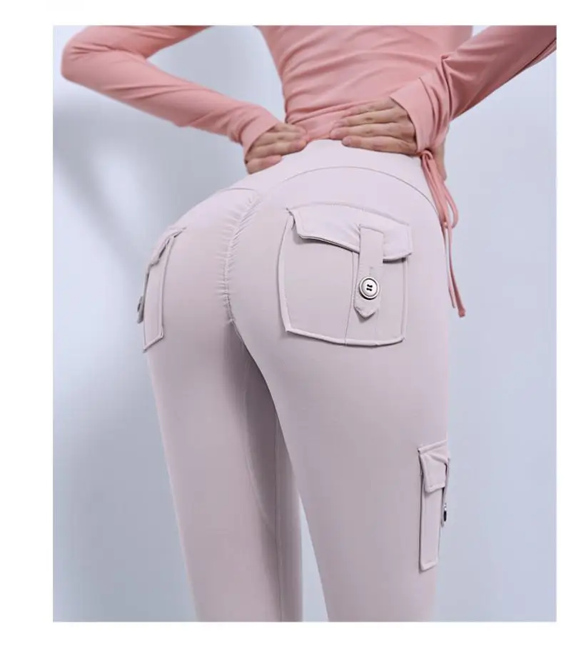 Summer women\'s sports pants nude peach high-waist hip-lifting tooling leggings jogging yoga pants