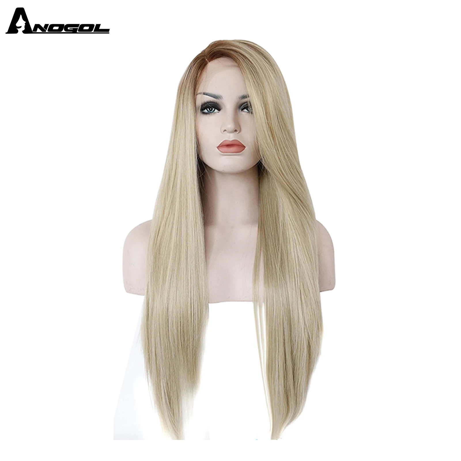 ANOGOL Synthetic Long Straight Ombre Brown to Blonde T Part Lace Wig for White Women High Temperature Fiber Glueless Cosplay Wig