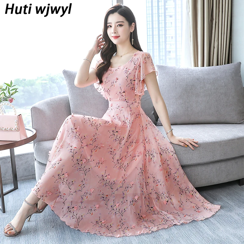 2024 Floral Chiffon Midi Dresses Summer Print Vintage Elegant Women Bodycon Pink Party Vestidos Casual Beach Boho Maxi Sundress