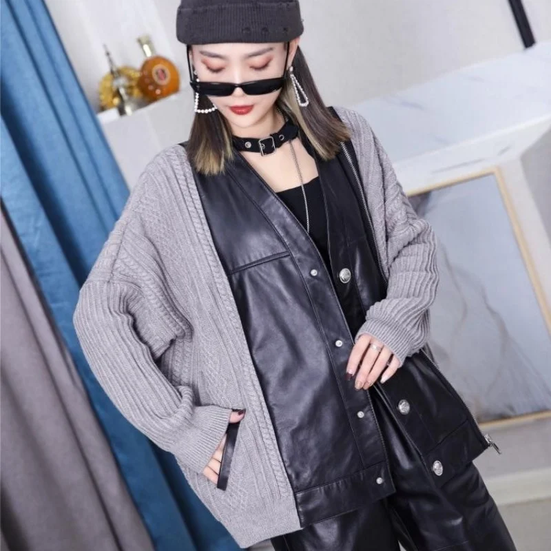 

Designer New Women Loose Fit Sweater Spliced Sheepskin Genuine Leather Jacket Streetwear Batwing Sleeve V Neck Casual Jackets