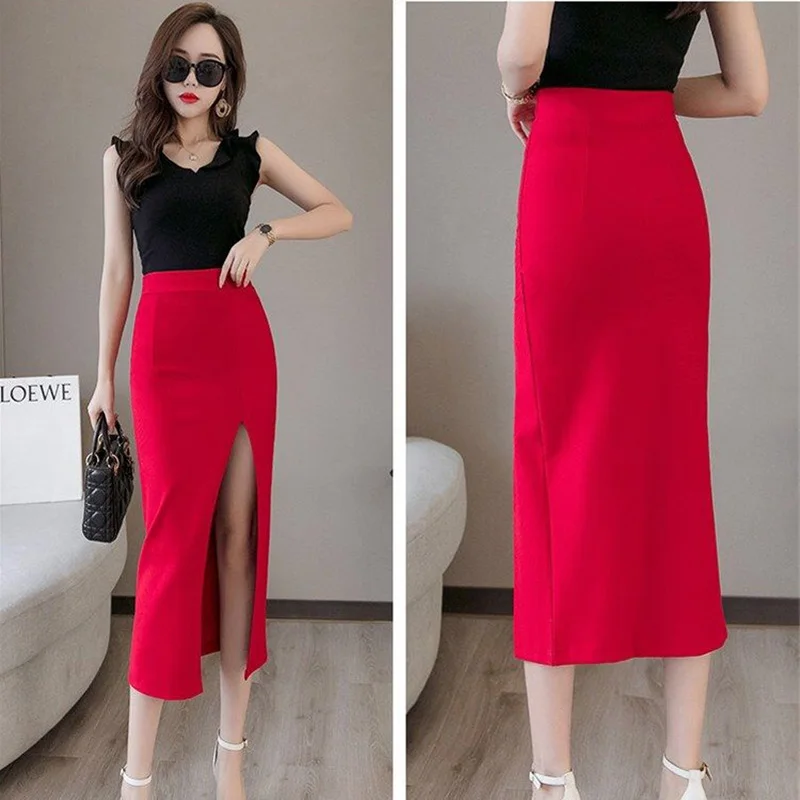 High Wasit Office Skirt Red Black Open Slit Casual Pary Ladies Skirts Long Faldas Largas Mujer Kobieta Spódnice Femme Jupes