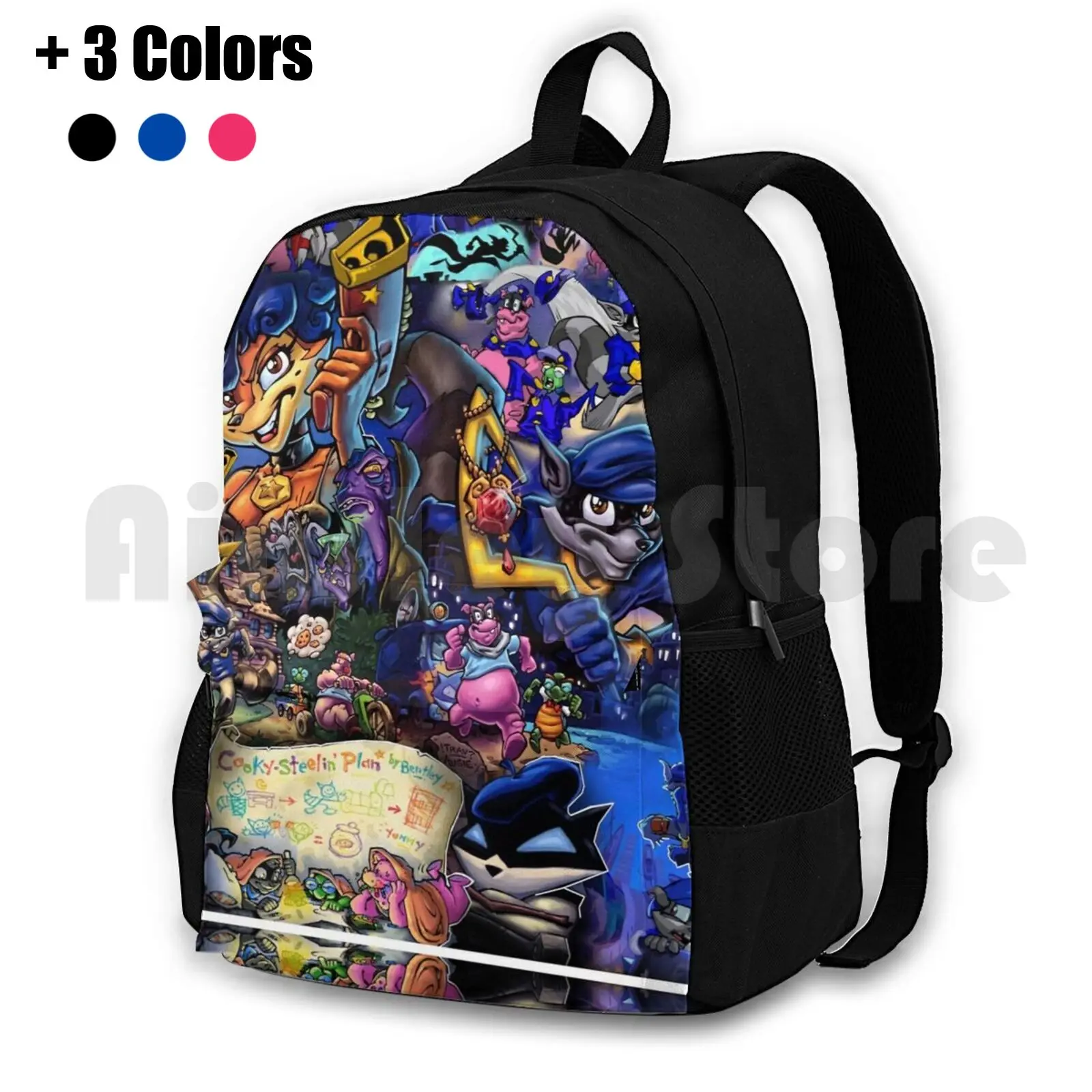 Comic Collage Sly Cooper Outdoor Hiking Backpack Waterproof Camping Travel Slycooper Sly Cooper Raccoon Fox Turtle Hippo Comic