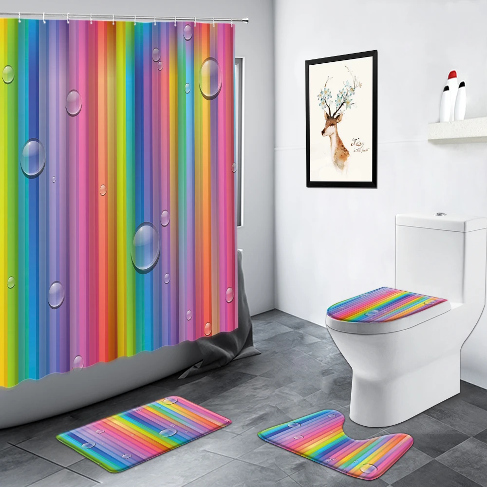 3D Luxury Rainbow Shower Curtain Creative Water Drop Design Home Decor Bathroom Carpet Non-slip Door Pad Toilet Rug Bath Mat Set