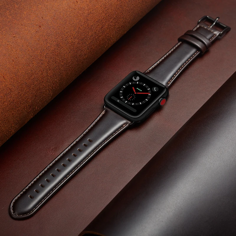 VIOTOO Black Bracelet Genuine Leather For Apple Watch Band 45mm 44mm 42mm 41mm Series 7 6 5 SE Watch Strap For iWatch Watchband