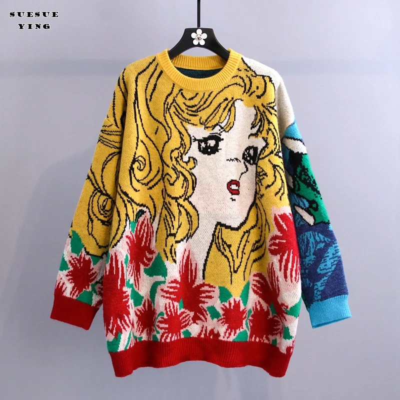 

Korobov 2022 Autumn Winter New Women Cartoon Sweaters Korean Hit Color Sueter Mujer Vintage O Neck Long Sleeve Jumper Femme