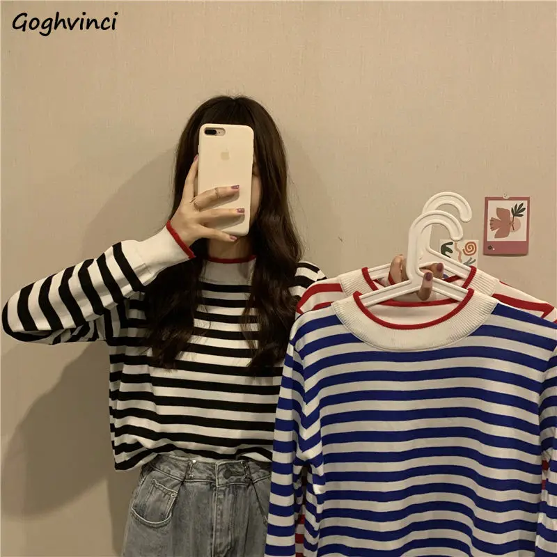 Pullovers Women Spring Autumn Striped 3 Colors Simple All-match Fit Girl Cute Fashion Korean Style Leisure Comfortable Casual