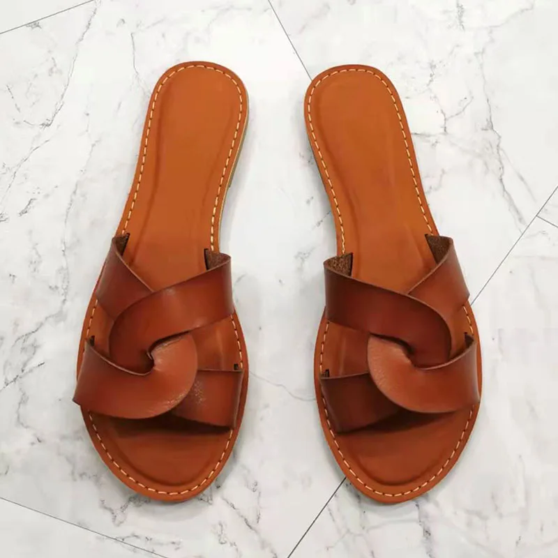 Large Size 41 Summer Women Sandals Leather Fashion Design Summer Outdoor Beach Shoes Flat Comfort Modern Slides Ladies Shoes