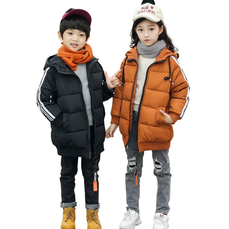 Size 12-15y Kids Parkas Jacket Winter Boys Girls Coats Zipper Hooded Solid Color Warm Casual Children Outerwear Top Clothes C60