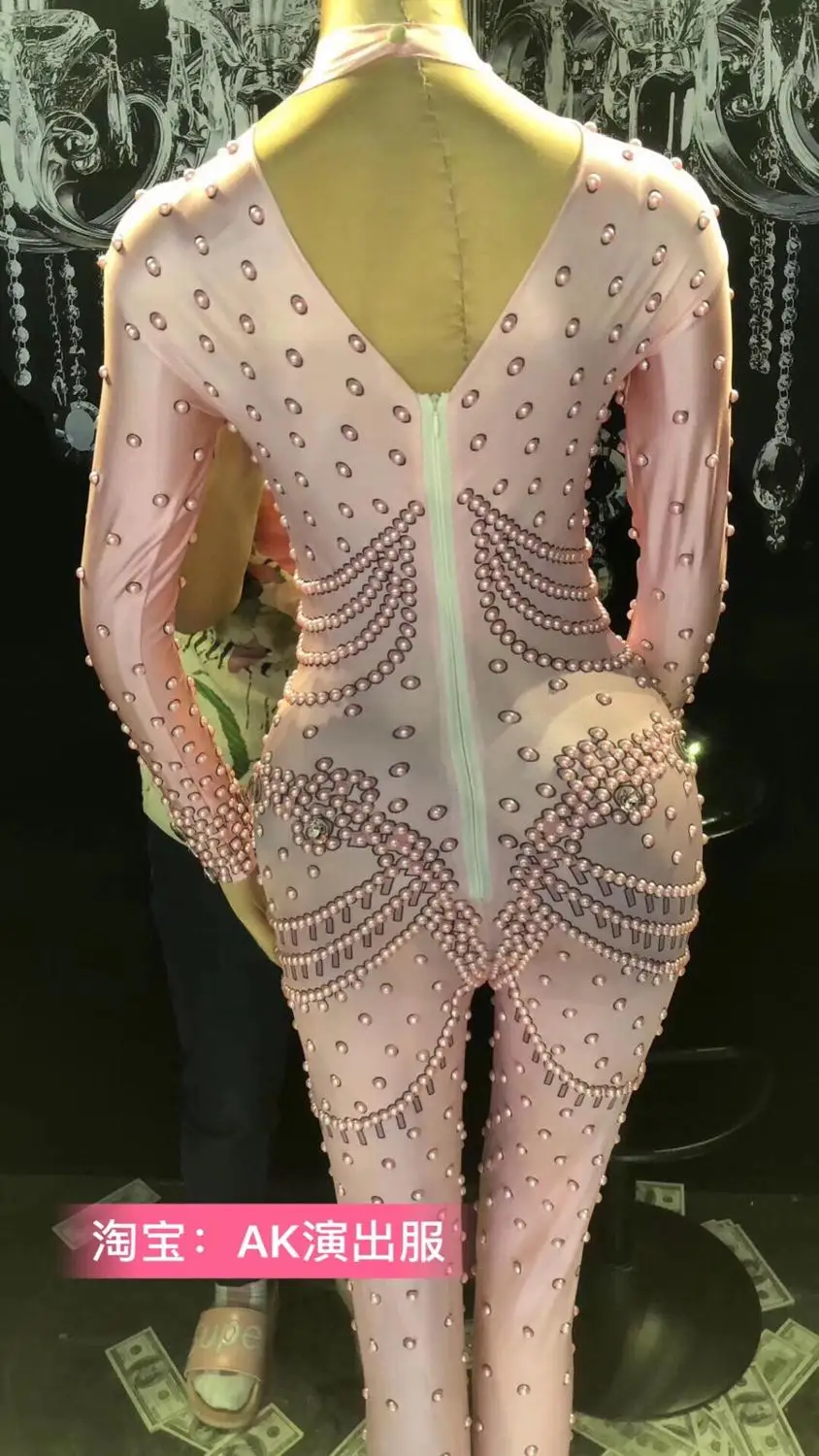 Pink Pearl Crystals Jumpsuit Bling Glass Diamond Skinny Elastic Bodysuit Bar Female Singer Stage Costume Birthday Party costumes