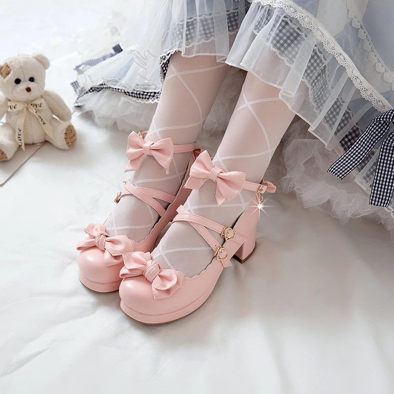 Sweet Bow Buckle Strap Mary Jane Shoes Woman Solid Color High Heel Platform Pumps Women Pink Lolita Ladies Colsplay Party Shoes