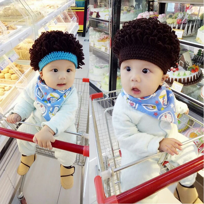 Newborn Baby Boy Kids Warm Hat Cotton with wig Head Bobble Knit Crochet Beanie Cap New 1-4 years DS19