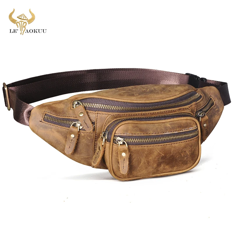 2021 Quality Thick Leather Vintage Male Travel Fanny Waist Belt Bag Sling Chest Pack Design Bum Phone Cigarette Case For Men 346