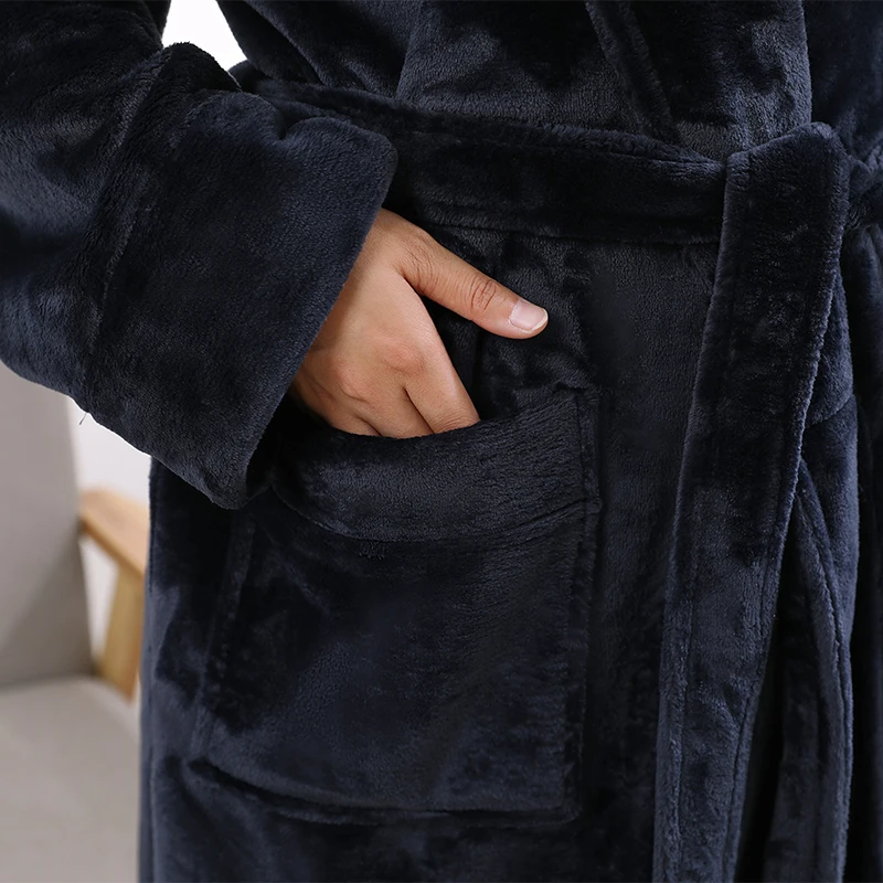 Men Hooded Extra Long Thermal Bathrobe Plus Size Winter Flannel Thickening Warm Kimono Bath Robe Male Dressing Gown Mens Robes