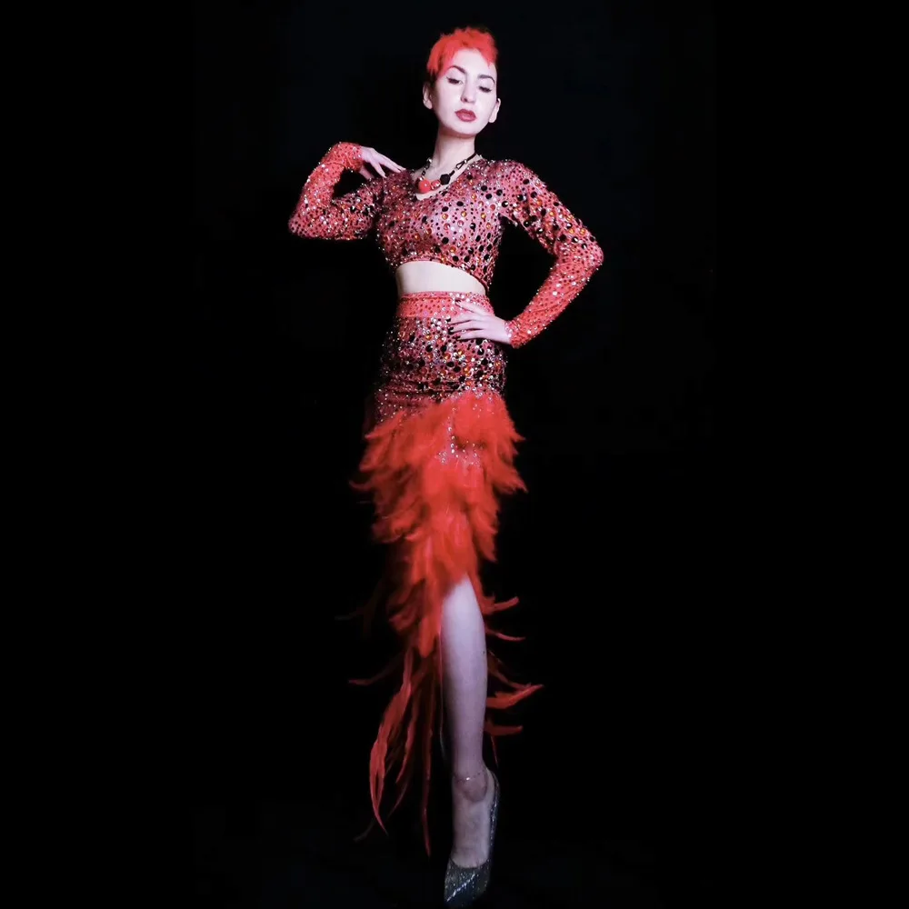 Sexy Rhinestones Feather Latin Dance Long Dress Red Crystal Evening Party Dress Set Women Slim Flamenco Singer Stage Outfit Sets