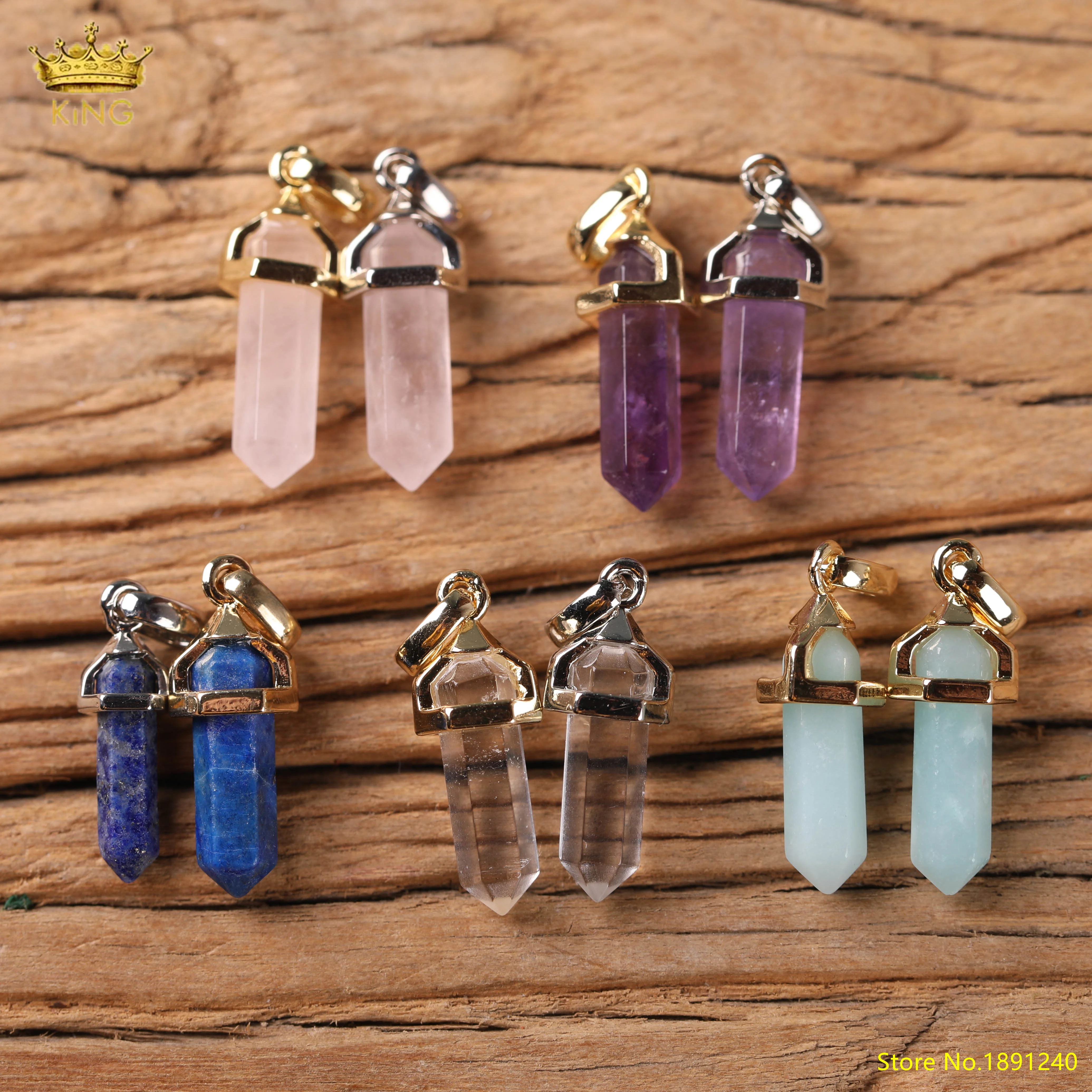 King 5pcs Natural Crystal Rose Quartz Lapis Lazuli Hexagonal Prism Pendant Necklace Gem Charm Jewelry Gift For Men/Women