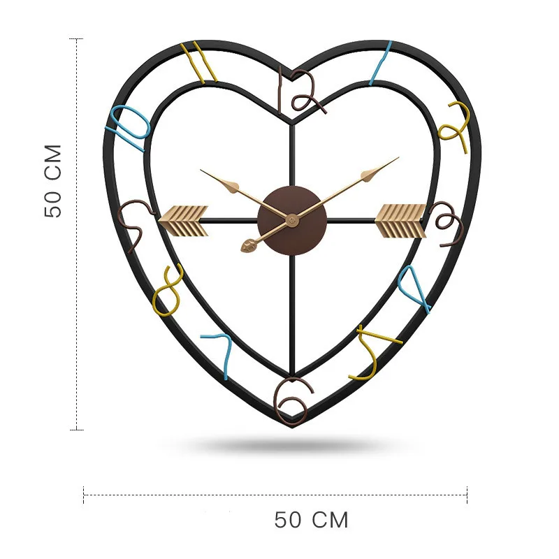 Large Vintage Metal Wall Clock Black Iron Heart-shaped Art Hollow Metal Wall Clock Nordic Numerals Clock Home Decoration