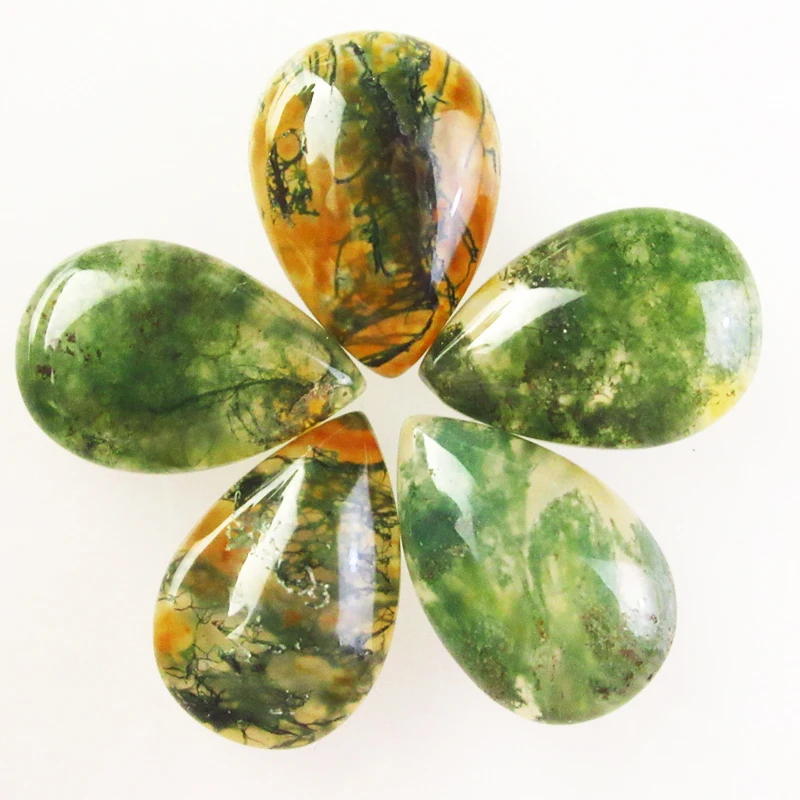 Hot 12Pcs/Lots Wholesale Natural Moss Agates Teardrop Semi-precious Stone CAB CABOCHON 10x14x4mm Flat Backed