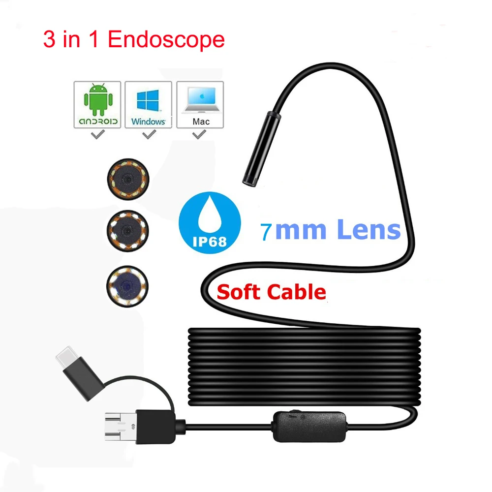 

Type-C USB 720P 7mm Endoscope Camera 1M 2M 3 In 1 Android Camera Borescope For Smart Phone PC Laptop Otoscope Inspection Camera