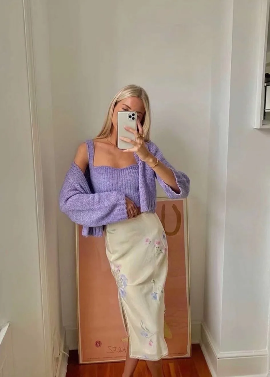 1 set Autumn Winter Romantic Purple Knitting Cardigan Cropped Tank Top Single-breasted One Button Short Sweater Loose Jumper