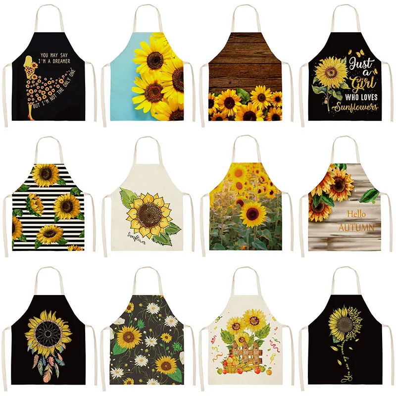 Sunflower Yellow Black Pattern Cotton Linen Kitchen Aprons 53*65cm For Women Adult Home Cooking Cleaning Baking Wear Bibs 46287