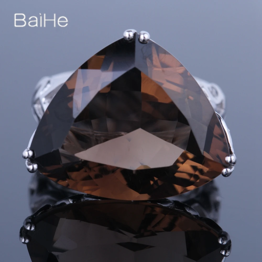 BAIHE Solid 14K White Gold(AU585) 16CT Genuine Smokey Quartz Ring Women Man Trendy Party Fine Jewelry Anel Quartzo Fumê Прстен