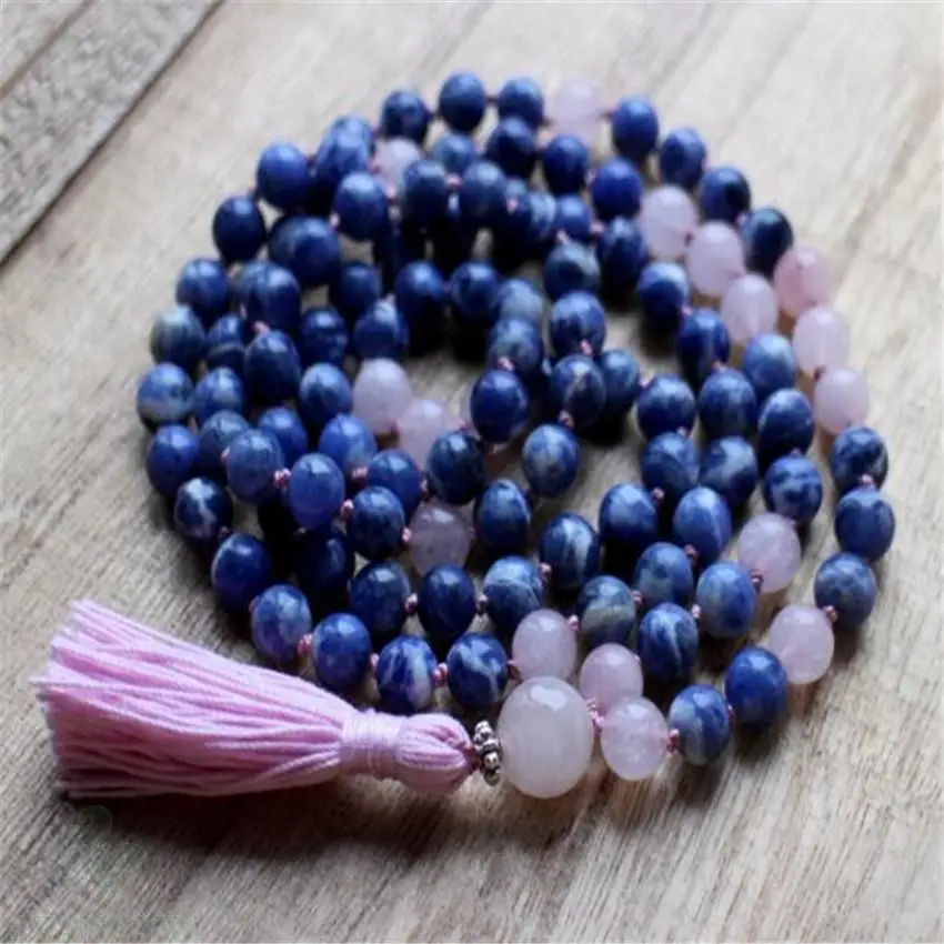 

8MM Blue Sodalite Gemstone 108 Beads Tassel Mala Necklace Wrist Ruyi natural Buddhist pray Unisex Lucky Prayer Men