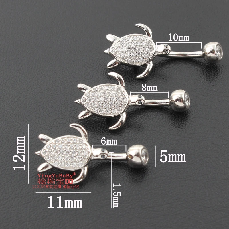 Belly button ring women 925 sterling silver tortoise no allergic 6 8 10 mm pin length setting zircon clear stones body jewelry