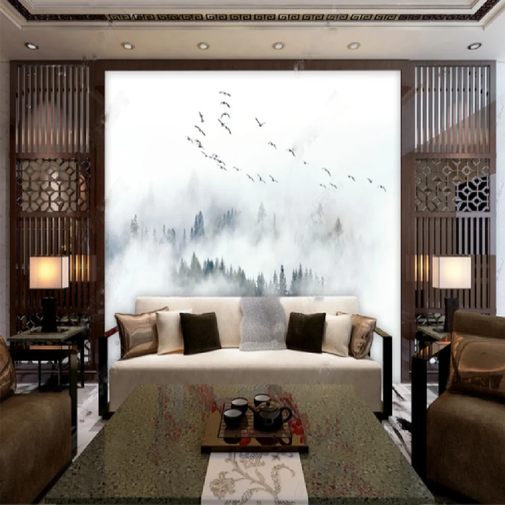 

Milofi Customized large wallpaper mural cloud mist flying bird new Chinese style abstract ink landscape living room background w