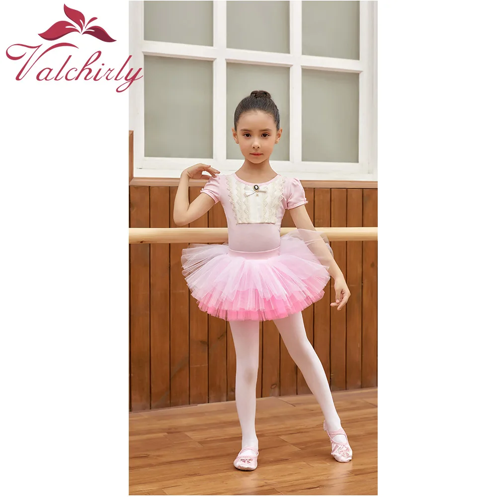 Simple Ballet Cotton One-Piece Short-Sleeved Exercise Suit With TUTU Skirt For Kids Gift