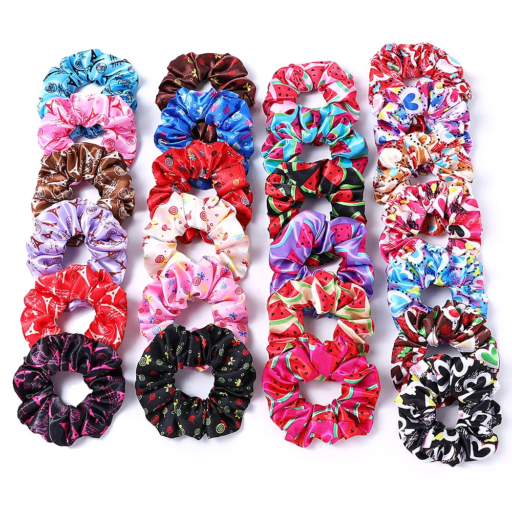 New Satin Printed Flower Floral Scrunchie Women Girls Elastic Hair Rubber Bands Accessories Tie Hair Ring Rope Holder Headdress