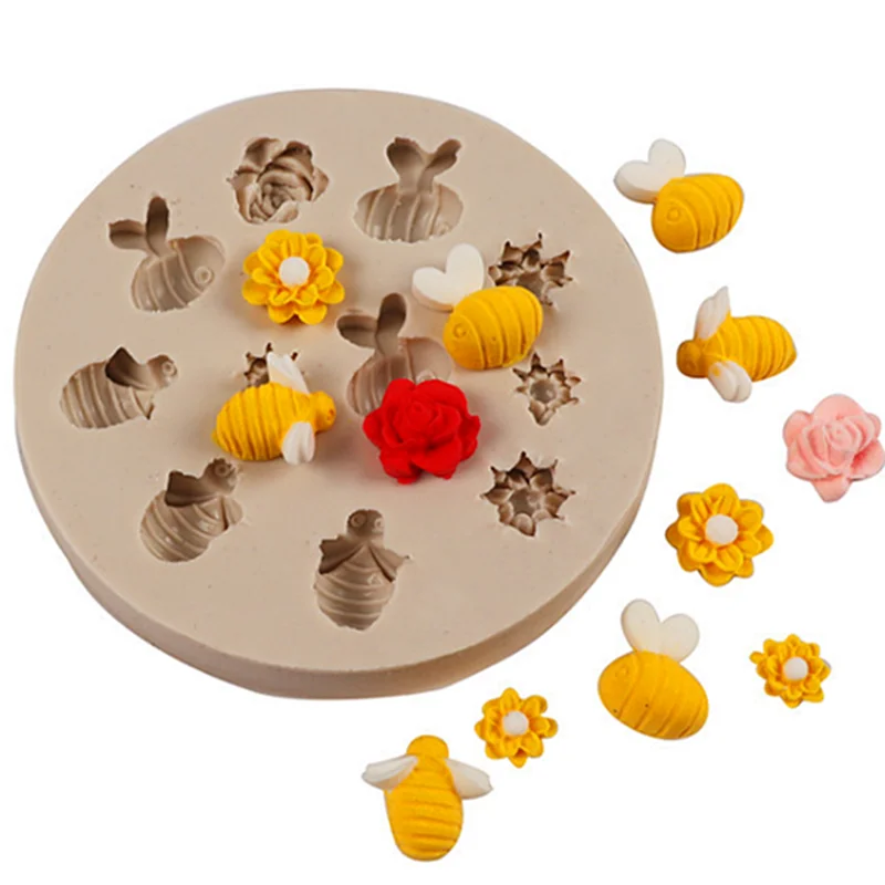 Cute Bee Flower Silicone Mold Resin Kitchen Baking Tool DIY Cake Fondant Pastry Mould Dessert Chocolate Lace Decoration Supplies