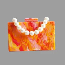 Pearl Marble Orange Acrylic Box Women Bag For Messenger Shoulder Bags Crossbody Bags Handbags Famous Brand Evening Wallet Purse