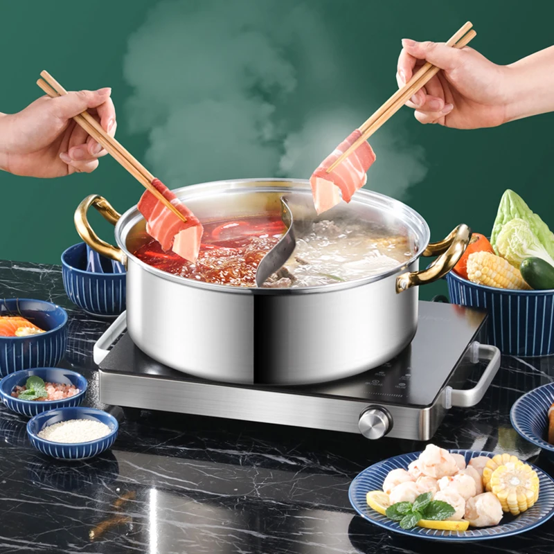 Gas Induction Cooker Mandarin Duck Hot Pot Home Stainless Steel Thick Bottom Hotpot Shabu Round Chafing Dish Cooking Cookware