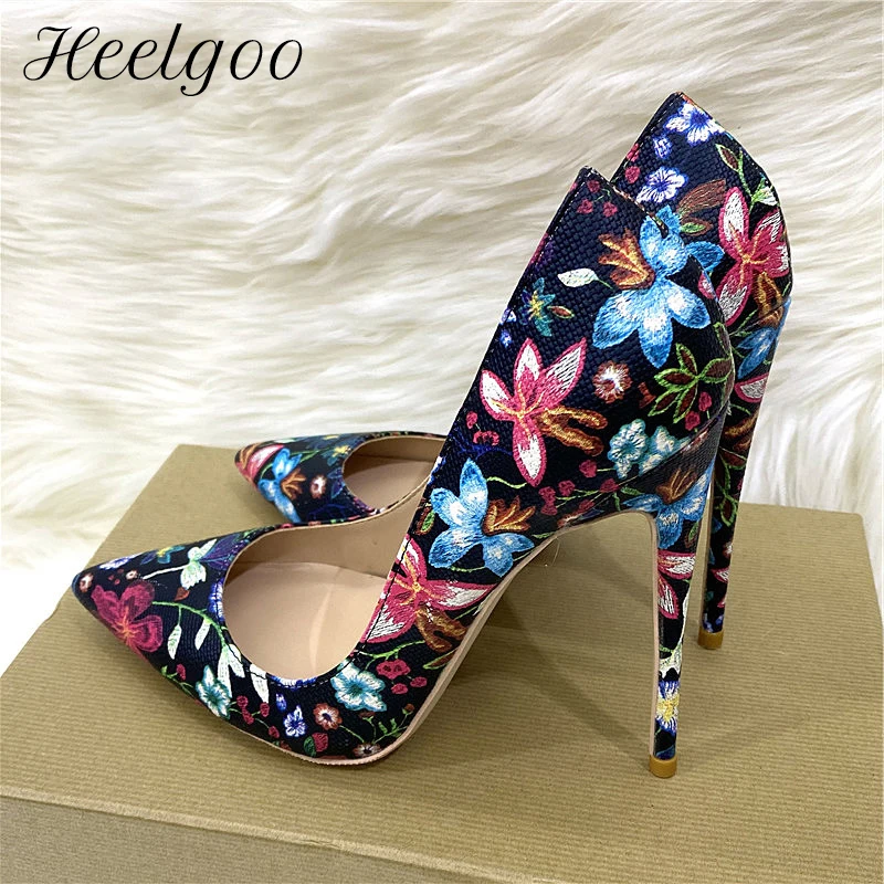 Heelgoo Floral Print Women Pointy Toe 8-12cm High Heel Chic Party Shoes Ladies Sexy Designer Stiletto Pumps Large Size 43 44 45