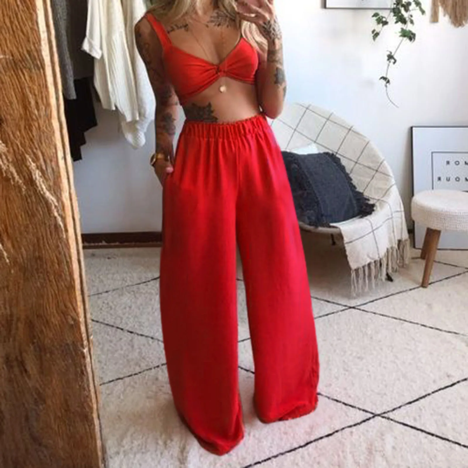 

2 Piece Set Summer Women Boho Beach Outfits Solid Sleeveless Crop Camis +wide Leg Long Pants Two Piece Suit Women Outfits Female